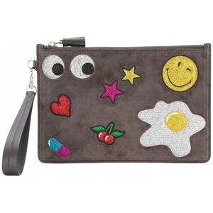 Anya Hindmarch Zip Top Pouch Glitter All Over Stickers Suede Leather Clutch